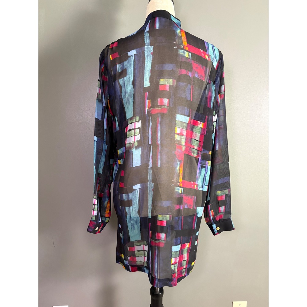 Go Silk Tunic Shirt Womens S Abstract Print Sheer Long Sleeve Art Layering Bold - Picture 3 of 8